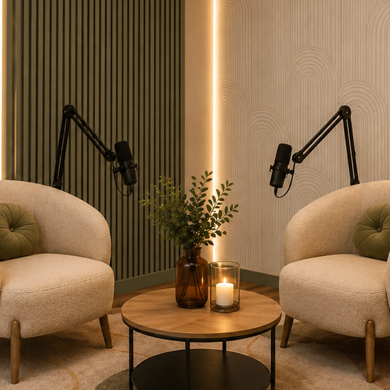 Dsignxt Studio podcast set with two professional microphones and lounge chairs