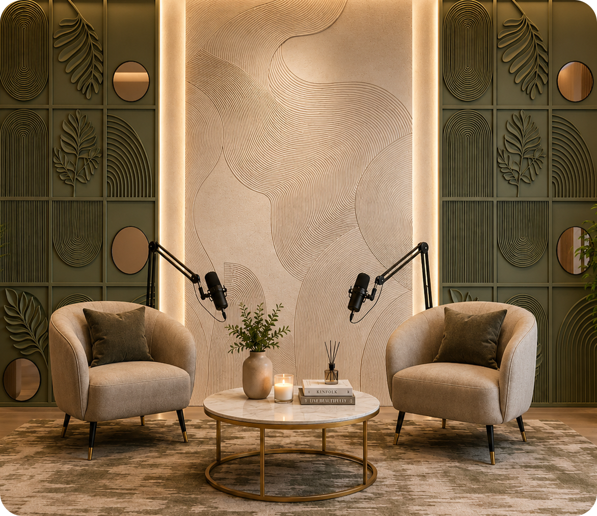 Dsignxt studio podcast set with chairs and microphones